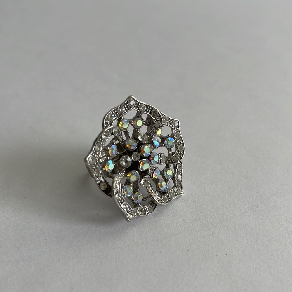 Large Iridescent Rhinestone Flower Adjustable Ring - Picture 2 of 3